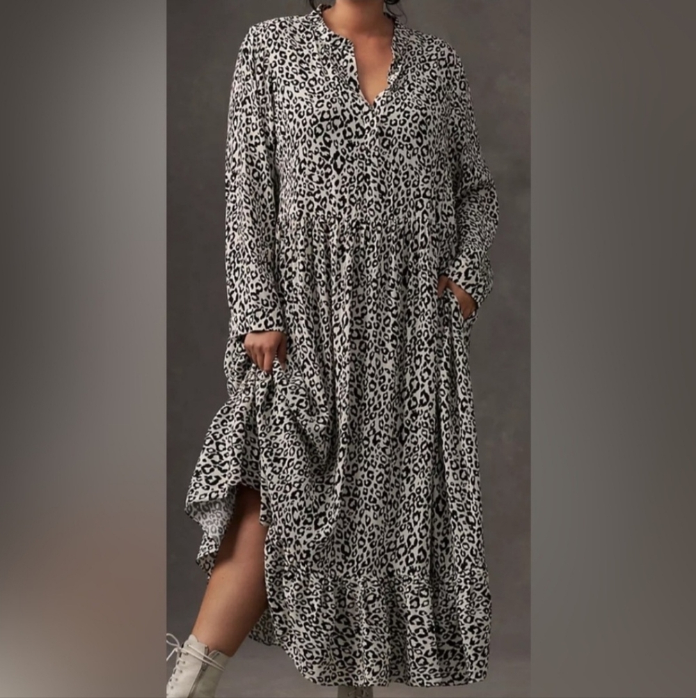 Mare Mare Anthropologie lynda leopard print maxi dress long sleeve tiered small